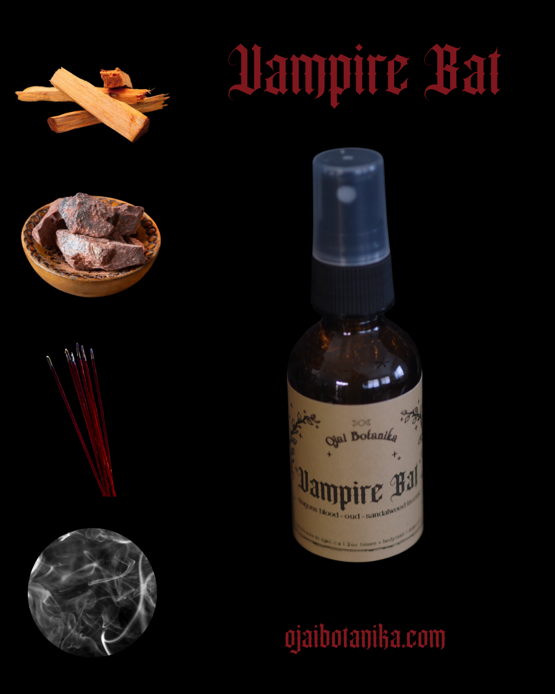 Vampire Bat - Dragons Blood, Sandalwood, Incense Smoke - Candle, Body & Hair Oil and Body & Hair Spray