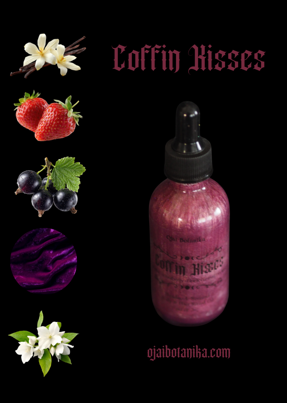 Coffin Kisses - Vanilla, Strawberry, Black Currant, Jasmine & Velvet - Candle, Body & Hair Oil and Body & Hair Spray