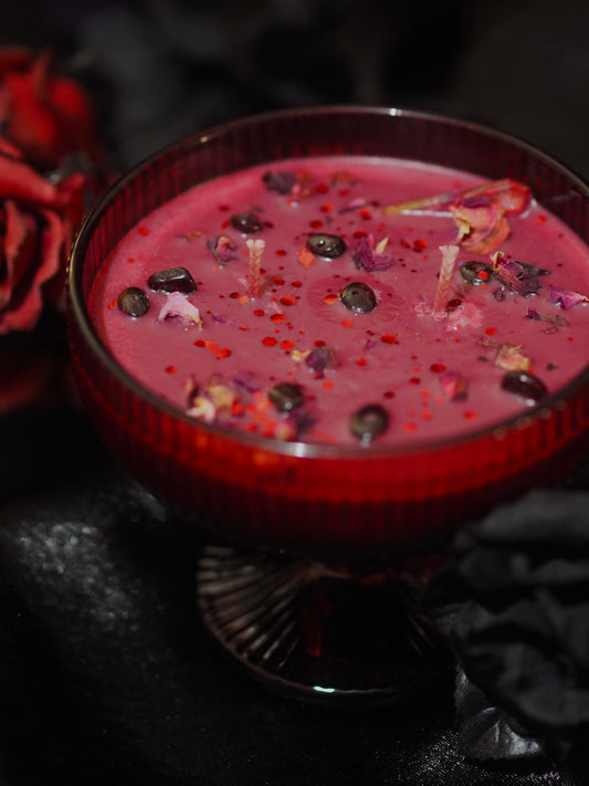 Coven - Blood Red Plum Syrup & Cashmere Musk - Garnet Crystal Double Wick Handmade Chalice Candle - Limited Edition