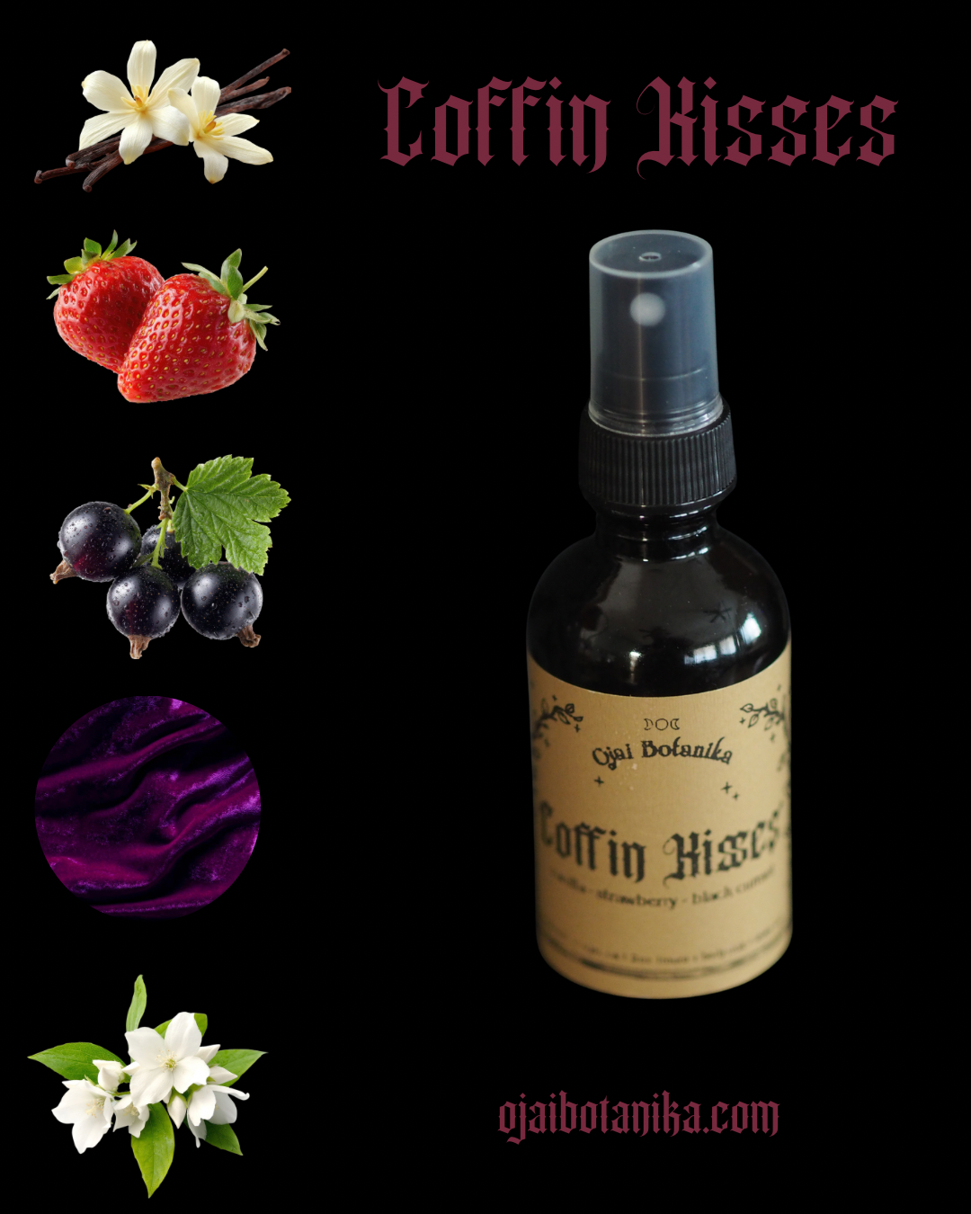 Coffin Kisses - Vanilla, Strawberry, Black Currant, Jasmine & Velvet - Candle, Body & Hair Oil and Body & Hair Spray