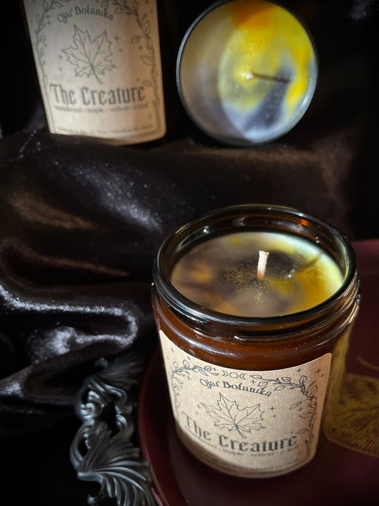 The Creature Frankenstein Inspired Limited Edition Candle - Sandalwood, Maple, Vetiver & a Leaf