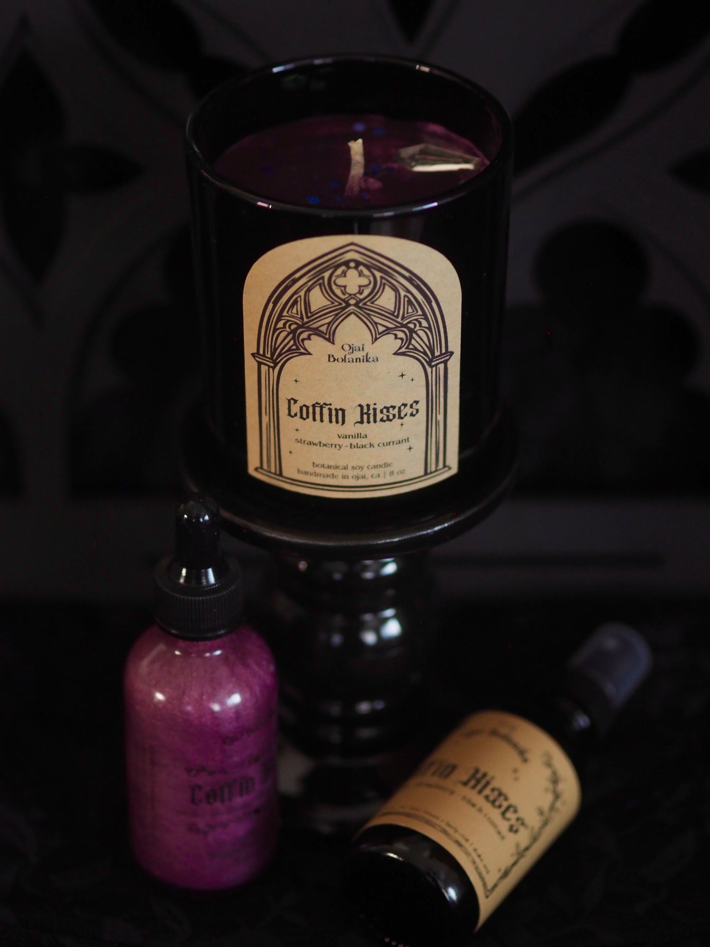 Coffin Kisses - Vanilla, Strawberry, Black Currant, Jasmine & Velvet - Candle, Body & Hair Oil and Body & Hair Spray