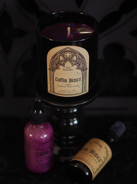 Coffin Kisses - Vanilla, Strawberry, Black Currant, Jasmine & Velvet - Candle, Body & Hair Oil and Body & Hair Spray