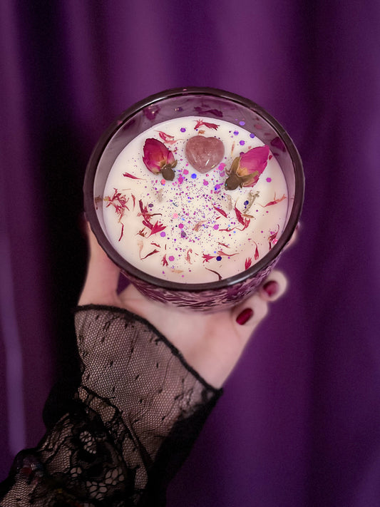 Love Potion - Dark Raspberry, Elderberry, Strawberry & Crushed Rose - Limited Edition Strawberry Quartz Crystal Double Wick Handmade Soy Candle