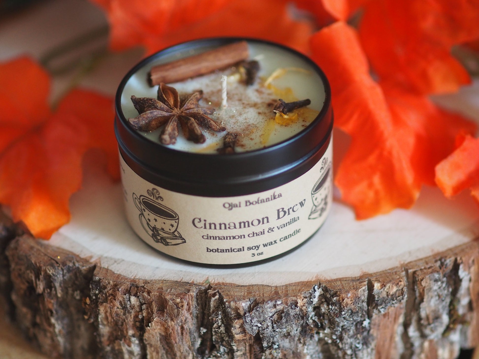 Cinnamon Vanilla All Natural Handmade Aromatherapy Soy Candle with dried  flowers by Delectable Garden 4 oz. long-burning