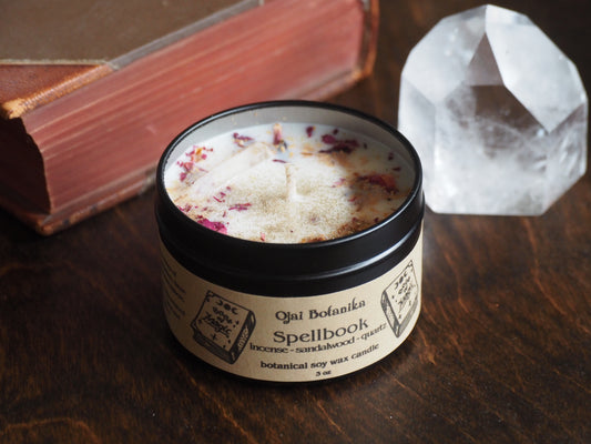 Spellbook - Incense, Sandalwood & Quartz - Botanical Soy Candle